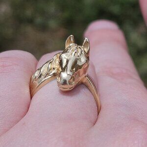 14K Yellow Gold Horse Head Profile Equestrian Statement Ring 6.6 Grams Size 7